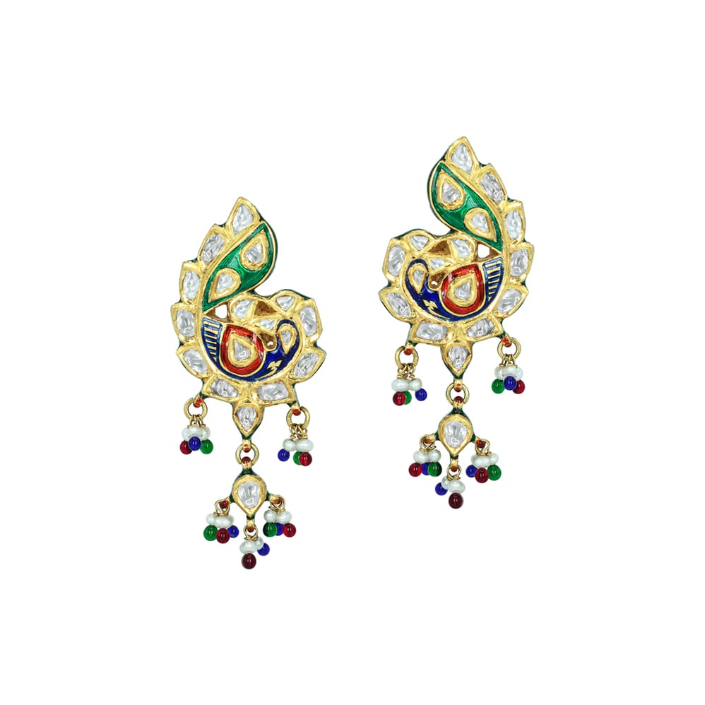 Peacock Polki Earrings with Multicolour Enamel and Bead Drops